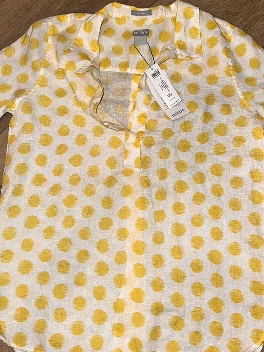Chico's No Iron Linen Dot Print Buttonback Tunic White & Yellow Medium